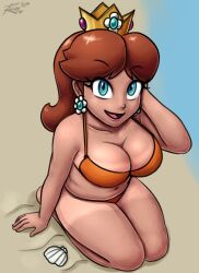  1girl absurdres arm_support artist_name bare_arms bare_shoulders barefoot beach belly bikini blue_eyes body_freckles breasts brown_hair cleavage collarbone colorized crown earrings eyelashes flipped_hair flower_earrings freckles full_body tucking_hair highres jewelry large_breasts lips looking_at_viewer mario_(series) medium_hair navel nintendo open_mouth orange_bikini outdoors parted_bangs princess_daisy purple_lips revtilian seashell seiza shell shorts_tan sitting smile solo soubriquetrouge super_mario_land swimsuit tan tanline thighs water  rating:Sensitive score:13 user:pc88