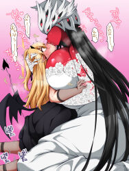  2girls absurdres age_difference beatrice_(blue_archive) black_dress black_hair blue_archive breasts colored_skin curvy demon_horns demon_tail demon_wings dress french_kiss highres horns huge_breasts ibuki_(blue_archive) ibuki_(dress)_(blue_archive) jenigata kiss monster_girl multiple_girls onee-loli red_skin saliva steaming_body tail tall_female white_dress wings yuri 