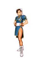  1girl boots bracelet breasts brown_eyes brown_hair bun_cover capcom capcom_vs_snk china_dress chinese_clothes chun-li closed_mouth cross-laced_footwear double_bun dress earrings full_body gold_trim hair_bun hair_ornament hands_on_own_hips highres jewelry knee_boots lace-up_boots lips looking_at_viewer mori_toshiaki official_art pantyhose pelvic_curtain puffy_short_sleeves puffy_sleeves short_dress short_sleeves simple_background skin_tight small_breasts smile spiked_bracelet spikes standing street_fighter street_fighter_ii_(series) turtleneck white_background white_footwear 