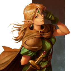  1girl arm_behind_back armor belt between_breasts blonde_hair blue_eyes breasts brooch brown_cape cape circlet commentary dave_rapoza dungeons_&amp;_dragons:_shadow_over_mystara dungeons_&amp;_dragons earrings elf english_commentary forehead_jewel gloves green_gloves green_tunic highres jewelry lips long_hair long_pointy_ears looking_at_viewer lucia_(d&amp;d) medium_breasts multiple_belts nose pauldrons pointy_ears sheath sheathed shoulder_armor solo strap_between_breasts sword unfinished weapon wind 