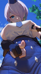  1girl areola_slip artist_name belt_pouch blue_eyes blue_headwear blue_necktie blue_skirt blue_sky breasts brid_(nikke) bridal_gauntlets chinese_commentary clothes_pull cloud commentary_request covered_erect_nipples covered_navel cowboy_shot dangle_earrings dated day earrings eyeshadow from_below goddess_of_victory:_nikke grey_hair hair_between_eyes high-waist_skirt highres jewelry large_breasts long_hair long_skirt looking_at_viewer looking_down makeup manzai_sugar necktie parted_lips pointing pointing_at_viewer pouch pulled_by_self red_eyeshadow shirt shirt_pull sideboob sidelocks skirt sky sleeveless sleeveless_shirt smile solo standing striped_necktie underbust  rating:Sensitive score:133 user:danbooru