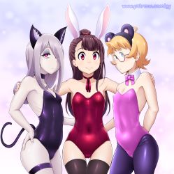 3girls ahoge animal_ears arm_behind_back armpits black_legwear blunt_bangs body_freckles bow bowtie breasts cat_ears cat_tail choker cleavage covered_navel cowboy_shot detached_collar eyes_visible_through_hair fake_animal_ears female_focus freckles geewhy glasses gradient_background hair_over_one_eye half-closed_eyes hand_on_own_hip highres kagari_atsuko kittysuit leotard little_witch_academia long_hair lotte_jansson mouse_ears multiple_girls neck_ribbon nontraditional_playboy_bunny pantyhose pink_background playboy_bunny purple_legwear rabbit_ears red-framed_eyewear ribbon ribbon_choker round_eyewear shiny_clothes shiny_skin short_hair small_breasts standing sucy_manbavaran tail thigh_gap thigh_strap thighhighs under-rim_glesses watermark web_address rating:Sensitive score:126 user:twilight_jester