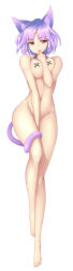 1girl absurdres animal_ears between_legs blue_toilet_paper breasts cat_ears cat_girl cat_tail censored covering_crotch covering_privates finger_in_own_mouth hand_between_legs highres looking_at_viewer nude original purple_eyes short_hair simple_background solo tail tail_wrap white_background rating:Questionable score:23 user:danbooru