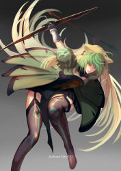  1girl absurdres ahoge animal_ears atalanta_(fate) bad_id bad_pixiv_id blonde_hair bow_(weapon) cat_ears character_name copyright_name fate/apocrypha fate/grand_order fate_(series) full_body gloves gradient_hair green_eyes green_hair highres long_hair looking_at_viewer multicolored_hair reido smile solo tail thighhighs two-tone_hair weapon 