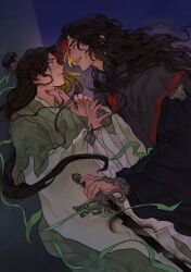  2boys against_wall architecture black_hair black_hanfu bracer chinese_clothes clenched_teeth collared_shirt commentary djuney9 east_asian_architecture english_commentary facial_mark fingernails forehead_mark from_side green_eyes green_ribbon grin hair_bun hanfu highres holding holding_sword holding_weapon leaf_print long_hair long_sleeves looking_at_another luo_binghe multiple_boys neck_grab night official_art red_eyes renzha_fanpai_zijiu_xitong reverse_grip ribbon ribboned_xiao_guan scared sharp_fingernails shen_qingqiu shirt smile sword teeth weapon wide_sleeves xiao_guan_(headdress) zuiyin 