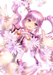 1girl cropped_jacket flower highres kururi_(oekaki_nikki) long_hair official_alternate_costume outstretched_hand purple_eyes purple_hair shorts smile solo sophie_(tales) tales_of_(series) tales_of_graces twintails white_background rating:Sensitive score:8 user:danbooru