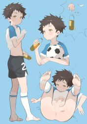  anus ball blush child clothes_lift drink drugged erection foreskin grinding_teeth legs_up looking_at_viewer lying male_focus on_back original penis pixiv_id shirt_lift shota simple_background small_penis soccer_ball soccer_uniform soles sportswear spread_legs testicles uncensored yaoi yellow_eyes 