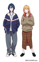  2girls alternate_costume black_footwear blue_hair blue_jacket brown_hoodie brown_skirt closed_eyes closed_mouth converse copyright_notice crossed_arms denim earclip earrings front_slit full_body gradient_hair hair_ornament hairclip hands_in_pockets highres hiodoshi_ao hololive hololive_dev_is hood hoodie ichijou_ririka jacket jeans jewelry loafers long_hair long_skirt medium_hair mole mole_under_mouth multicolored_hair multiple_girls multiple_necklaces official_art orange_hair oversized_clothes pants pink_hair plaid plaid_skirt shirt shoes simple_background skirt sneakers socks standing straight-on swept_bangs ut_66 virtual_youtuber watch white_background white_shirt white_socks wristwatch 
