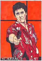  1boy aiming aiming_at_viewer bags_under_eyes black_hair blood blood_on_face border brown_eyes casual copyright_name english_text floral_print gun handgun hawaiian_shirt highres holding holding_gun holding_weapon jagga1 marker_(medium) nosebleed orange_background partially_unbuttoned realistic red_shirt scarface shirt short_hair short_sleeves solo thick_eyebrows tony_montana traditional_media unbuttoned weapon white_border 