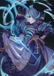 1girl 729258659 absurdres ahoge black_bow black_gloves blue_eyes blue_hair bow dress drill_hair gloves gwen_(league_of_legends) hair_bow highres league_of_legends long_hair looking_at_viewer smile solo twin_drills twintails rating:Sensitive score:6 user:danbooru
