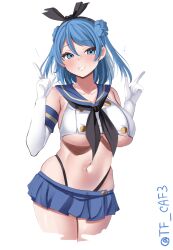  1girl :d animal_ears black_neckerchief black_panties blue_hair blue_sailor_collar blue_skirt breasts collarbone commentary_request cosplay crop_top cropped_legs double_bun elbow_gloves fake_animal_ears gloves grin hair_bun hand_up hashtag_only_commentary hat highleg highleg_panties highres kantai_collection large_breasts long_hair microskirt midriff navel neckerchief one-hour_drawing_challenge open_mouth panties pointing pointing_up sailor_collar shimakaze_(kancolle) shimakaze_(kancolle)_(cosplay) skirt smile solo striped_clothes tf_cafe twitter_username underboob underwear urakaze_(kancolle) white_background white_gloves 