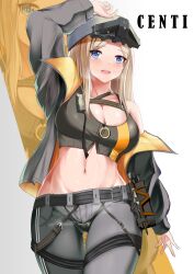  1girl absurdres arm_up belt black_belt black_tank_top blonde_hair blue_eyes blush breasts centi_(nikke) character_name chinese_commentary cleavage codpiece collarbone commentary cowboy_shot crop_top gluteal_fold goddess_of_victory:_nikke grey_headwear grey_jacket grey_pants groin helmet highres jacket large_breasts long_sleeves looking_at_viewer midriff navel off_shoulder open_clothes open_jacket open_mouth orange_jacket pants parted_bangs sidelocks single_bare_shoulder solo standing steam tank_top teeth thigh_gap tight_clothes tight_pants two-sided_fabric two-sided_jacket upper_teeth_only zdj zipper_pull_tab zoom_layer 