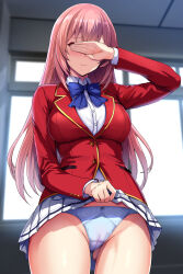  1girl advanced_nurturing_high_school_uniform black_thighhighs blazer blue_bow blue_bowtie blue_panties blurry blurry_background bow bowtie breasts cameltoe cleft_of_venus closed_mouth clothes_lift collared_shirt commentary_request covering_own_eyes daiaru facing_viewer gluteal_fold highres ichinose_honami_(youjitsu) indoors jacket large_breasts lifted_by_self long_hair miniskirt panties pink_hair pleated_skirt red_jacket school_uniform shirt skirt skirt_lift smile solo thighhighs underwear white_shirt white_skirt youkoso_jitsuryoku_shijou_shugi_no_kyoushitsu_e 