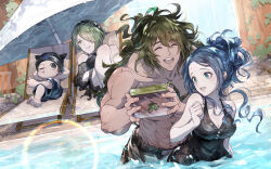  2boys 2girls ^_^ abs alternate_costume aqua_eyes arms_behind_head bare_arms bare_legs bare_pectorals bare_shoulders barefoot beach_chair beach_umbrella beanie beetle black_eyes black_hairband black_hat black_one-piece_swimsuit black_sleeves blonde_hair blue_hair blue_male_swimwear blue_scrunchie breasts brown_hair brown_male_swimwear bug buttons cage candy_stick cleavage clenched_hand closed_eyes cowboy_shot crossed_legs danganronpa_(series) danganronpa_v3:_killing_harmony dark-skinned_male dark_skin dated day detached_sleeves expressionless fingernails food_in_mouth frilled_hairband frills full_body gokuhara_gonta green_hair hair_ornament hair_over_one_eye hair_scrunchie hairband hat height_difference high_ponytail holding holding_cage horned_hat hoshi_ryoma insect insect_cage knees_up lace_sleeves large_breasts lens_flare long_hair looking_at_another lying male_swimwear messy_hair multiple_boys multiple_girls nervous nervous_smile on_back on_chair one-piece_swimsuit one_eye_closed open_mouth outdoors pectorals pool scrunchie shirogane_tsumugi short_hair sidelocks smile sweatdrop swim_trunks swimsuit teeth toes tojo_kirumi topless_male twitter_username u_u_ki_u_u umbrella upper_teeth_only very_long_hair wading wavy_hair white_umbrella 