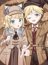  1boy 1girl absurdres adjusting_clothes adjusting_headwear animal_ears animal_hat ascot belt belt_chain blonde_hair blue_eyes cane cat_hat choker coat collared_shirt deerstalker detective fake_animal_ears fang gloves hair_ornament hairclip hat highres holding kagamine_len kagamine_rin long_sleeves magnifying_glass necktie one_eye_closed open_mouth pointing pointing_at_viewer project_sekai shirt short_hair smile top_hat vocaloid vs0mr 