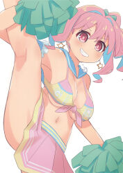  1girl bare_legs bare_shoulders blue_hair blue_sailor_collar breasts cheerleader clothes_writing commentary earrings flexible front-tie_top grin hair_between_eyes heart heart_necklace highres holding holding_pom_poms hozuki_kaede jewelry kneepits large_breasts leg_up legs looking_at_viewer multicolored_hair navel necklace non105 official_alternate_costume onii-chan_wa_oshimai! pink_hair pink_skirt pom_pom_(cheerleading) pom_poms ponytail red_eyes sailor_collar simple_background skirt smile solo split standing standing_on_one_leg standing_split star_(symbol) star_earrings two-tone_hair white_background  rating:Sensitive score:14 user:danbooru