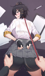 1girl animal_ears arknights arms_behind_back ass ass_grab bike_shorts black_hair blush bra_visible_through_clothes braid brown_eyes cuffed cuffs desk dog_ears dog_tail fingerless_gloves gloves handcuffs highres jackie_(arknights) leash on_desk paper pen plaid plaid_skirt pov pov_hands s-goon shorts shorts_under_skirt skirt tail viewer_holding_leash wavy_mouth rating:Sensitive score:48 user:danbooru