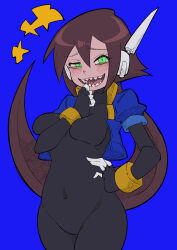  1girl absurdres aile_(mega_man_zx) arm_between_breasts arm_under_breasts between_breasts black_bodysuit blue_background blue_jacket blush bodysuit bodysuit_under_clothes breasts brown_hair buzzlyears commentary covered_collarbone covered_navel cowboy_shot cropped_jacket glowing green_eyes grin hand_on_own_hip hand_to_own_mouth highres jacket long_hair looking_at_viewer medium_breasts mega_man_(series) mega_man_zx mega_man_zx_advent no_pants open_clothes open_jacket ponytail robot_ears sharp_teeth simple_background smile smug solo star_(symbol) teeth 