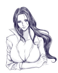  1girl artist_request black_hair blue_eyes breasts cleavage highres large_breasts long_hair monochrome nico_robin one_piece shirt solo source_request upper_body  rating:Sensitive score:13 user:TeeJay