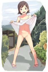 1girl :d bad_id bad_pixiv_id bare_shoulders black_hair blue_sky blush border bottomless brown_eyes brown_hair cleft_of_venus clothes_lift cloud day dress dress_lift exhibitionism fat_mons feet female_focus flat_chest flip-flops full_body hair_ornament hairclip happy has_bad_revision has_censored_revision highres legs_apart lifting_own_clothes loli looking_at_viewer matching_hair/eyes navel no_bra no_panties open_mouth original outdoors public_indecency pussy rensyu rural sandals short_hair sky smile solo standing sundress toes tree uncensored white_border white_dress rating:Explicit score:735 user:Domestic_Importer