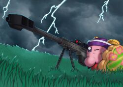  absurdres anti-materiel_rifle archer_kirby barrett_m82 blush_stickers cloud cloudy_sky colored_skin copy_ability grass gun hat hat_feather highres kirby kirby_(series) lightning nintendo no_humans one_eye_closed outdoors pink_skin purple_hat rifle shibulio sky sniper_rifle solo weapon 
