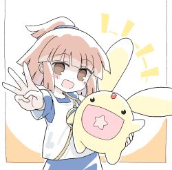  +++ 1girl :d arle_nadja blue_dress blush_stickers brown_background brown_eyes brown_hair carbuncle_(puyopuyo) commission dress kibisake madou_monogatari open_mouth outstretched_arm ponytail puyopuyo skeb_commission smile star_in_mouth tank_top two-tone_background w white_background white_tank_top 