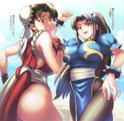  2girls ass blue_dress bracelet breasts brown_eyes brown_hair bun_cover capcom chun-li chun-li_(cosplay) cosplay costume_switch crossover double_bun dress embarrassed fatal_fury female_focus hair_bun highleg highleg_dress japanese_text jewelry large_breasts long_hair matching_hair/eyes multiple_girls open_mouth pantyhose ponytail revealing_clothes shiranui_mai shiranui_mai_(cosplay) short_hair smile snk spiked_bracelet spikes street_fighter the_king_of_fighters translation_request  rating:Sensitive score:21 user:Jetmon