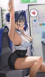  1girl absurdres alternate_costume archinoer armpits arms_up bare_legs black_hair black_skirt blue_hair blue_nails breasts chair closed_eyes crop_top cubicle from_side glasses hair_bun hair_intakes high-waist_skirt highres holding_own_arm hololive hololive_english lanyard large_breasts multicolored_hair office office_chair office_lady ouro_kronii paper parted_lips pencil_skirt short_hair sitting skirt solo spoken_squiggle squiggle sticky_note swivel_chair thighs two-tone_hair virtual_youtuber  rating:Sensitive score:139 user:danbooru