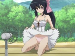  1girl animated animated_gif barefoot black_hair breasts brown_eyes cleavage clothes_lift cloud feet forest grass hand_fan lowres nature noihara_himari omamori_himari outdoors panties plant ribbon skirt skirt_lift sky solo toes tree underwear  rating:Questionable score:124 user:whiptowel