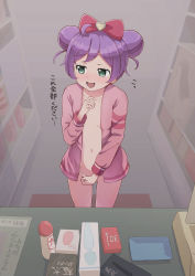  1girl absurdres anal_beads blush bottomless bow breasts cash_register collarbone condom_box convenient_censoring dot_nose double_bun exhibitionism eyebrows female_focus female_pervert green_eyes hair_bow hair_bun highres hitachi_magic_wand jacket loli long_sleeves looking_to_the_side lube manaka_laala naked_jacket navel nose_blush open_clothes open_mouth pervert pretty_series pripara public_indecency purple_hair red_bow sex_toy shelf shop sidelocks small_breasts solo standing tata_(tataice) vibrator  rating:Explicit score:369 user:flaps