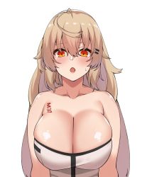 bad_id bad_twitter_id bare_shoulders blonde_hair blush breasts cleavage dress girls&#039;_frontline hair_ornament hairclip huge_breasts long_hair looking_at_viewer m37_(girls&#039;_frontline) open_mouth orange_eyes simple_background solo spicy_moo strapless strapless_dress upper_body white_background rating:Questionable score:51 user:danbooru