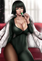  1girl artist_name black_hair breasts candy cleavage coat curvy dress flowerxl fubuki_(one-punch_man) green_eyes huge_breasts lips necklace one-punch_man pantyhose short_hair solo thick_thighs tongue watermark  rating:Sensitive score:66 user:Dengeki