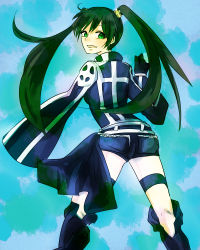  1girl belt boots d.gray-man head_tilt highres lenalee_lee long_hair popped_collar shorts simple_background solo thigh_strap twintails zipper  rating:Questionable score:4 user:sae6788