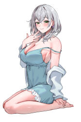  1girl alternate_costume bare_arms bare_shoulders blue_camisole blush breasts camisole cleavage collarbone green_eyes grey_hair hair_between_eyes highres hololive large_breasts looking_at_viewer medium_hair monokawa_(iurl1z) shirogane_noel short_shorts shorts smile solo spaghetti_strap strap_slip underwear underwear_only virtual_youtuber wavy_hair 