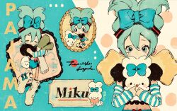  ... 1girl animal aqua_eyes aqua_hair black_shirt blue_arm_warmers blue_background blue_bow blue_skirt blush_stickers boots bow bow_skirt character_name chibi cinnamiku cinnamoroll covered_mouth cowboy_shot curled_tail deformed dog dog_tail dot_nose english_text eyelashes footwear_bow full_body hair_bow hair_ornament hatsune_miku heart highres holding holding_animal holding_dog holding_heart knee_boots long_hair looking_at_viewer midriff miniskirt multiple_views navel picture_frame polka_dot polka_dot_background puffy_short_sleeves puffy_sleeves red_bow rerain sanrio shirt short_sleeves skirt star_(symbol) straight-on striped_arm_warmers tail twitter_username two-tone_arm_warmers two-tone_background updo vocaloid waist_bow white_arm_warmers white_background white_footwear 
