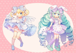 2girls :d animal animal_ears animal_slippers apron bag bell blonde_hair blue_apron blue_bow blue_eyes blue_footwear blush borrowed_character bow cat child closed_mouth double_bun dress drill_hair eyepatch feathered_wings foot_up frilled_apron frilled_bow frilled_sleeves frills full_body green_footwear green_hair hair_bell hair_between_eyes hair_bow hair_bun hair_ornament heart highres jingle_bell kneehighs layered_sleeves loafers long_hair long_sleeves looking_at_viewer loose_socks medical_eyepatch mg_kurino multiple_girls open_mouth original pink_background pink_dress pink_socks pleated_dress pleated_skirt polka_dot polka_dot_background puffy_short_sleeves puffy_sleeves purple_bow purple_skirt rabbit rabbit_ears ribbed_legwear ringlets shirt shoes short_over_long_sleeves short_sleeves shoulder_bag skirt sleeves_past_fingers sleeves_past_wrists slippers smile socks striped_bow suspender_skirt suspenders very_long_hair waist_apron white_apron white_background white_cat white_shirt white_wings wide_sleeves wings wrist_cuffs 