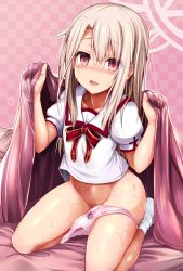  1girl absurdres bed blanket blush bottomless bow bow_panties bowtie checkered_background collarbone fate/kaleid_liner_prisma_illya fate/stay_night fate_(series) heart highres illyasviel_von_einzbern loli long_hair looking_at_viewer navel open_mouth panties panties_around_leg pink_background pink_panties print_panties puffy_sleeves red_bow red_bowtie red_eyes school_uniform sen_(astronomy) shirt short_sleeves sitting socks solo star_(symbol) star_print sweat underwear white_hair white_shirt white_socks  rating:Questionable score:85 user:AstroKite00