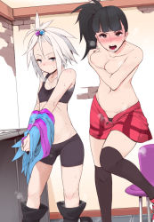  10s 2girls bike_shorts black_eyes black_hair black_panties black_thighhighs blue_eyes blush boots breasts cleavage covering_breasts covering_privates creatures_(company) dress embarrassed freckles game_freak guitarist_(pokemon) gym_leader hair_bobbles hair_ornament kawaisou looking_at_viewer lou_(pokemon) medium_breasts multiple_girls nintendo npc_trainer open_clothes open_skirt panties pokemon pokemon_bw2 roxie_(pokemon) short_dress short_hair side_ponytail skirt small_breasts smell spandex sports_bra striped_clothes striped_dress sweat thighhighs topknot topless underwear undressing walk-in white_hair  rating:Questionable score:387 user:Rikko-43