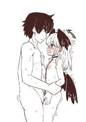  1boy 1girl ^^^ black_hair black_wings blue_archive blush body_markings completely_nude flat_chest grabbing_another&#039;s_arm halo hand_on_another&#039;s_chest head_wings hetero koharu_(blue_archive) loli long_hair low_wings monochrome motion_lines nipples nude open_mouth sensei_(blue_archive) short_hair sweat white_background wings yukihyou_(blue_0129) 