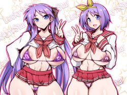  2girls :&lt; :d absurdres adapted_costume alternate_breast_size areola_slip black_ribbon blue_eyes bow bra cameltoe cleft_of_venus clothes_lift commentary gggg hair_bow hair_ribbon hairband hand_up highleg highleg_panties highres hiiragi_kagami hiiragi_tsukasa long_sleeves lucky_star micro_bra microskirt multiple_girls navel neckerchief open_mouth panties pink_bra pleated_skirt purple_bra red_neckerchief red_sailor_collar red_skirt ribbon ryouou_school_uniform sailor_collar school_uniform shirt_lift short_hair siblings sisters skirt sleeve_cuffs smile string_panties thighs twintails underwear w yellow_bow yellow_hairband yellow_ribbon 