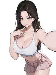  1girl absurdres breasts brown_hair cleavage earrings finger_to_mouth highres jewelry large_breasts leaning_forward light_smile long_hair looking_at_viewer midriff pink_skirt real_life_insert selfie shirt skirt solo t-shirt yellow_eyes zeon_(zzeeonn) 