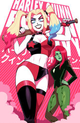  2girls aqua_hair baseball_bat batman_(series) blonde_hair blue_eyes breasts character_name colored_skin dc_comics green_skin hand_on_own_hip harley_quinn harley_quinn_(cartoon) harley_quinn_(series) highres holding holding_baseball_bat large_breasts long_hair looking_at_viewer midriff mike_luckas multicolored_hair multiple_girls navel pale_skin parted_lips pink_hair poison_ivy red_hair smile thighhighs  rating:Sensitive score:80 user:danbooru