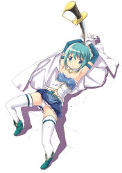  10s 1girl armband armpits blue_eyes blue_hair breasts cape covered_erect_nipples gloves highres magical_girl mahou_shoujo_madoka_magica mahou_shoujo_madoka_magica_(anime) matching_hair/eyes midriff miki_sayaka miki_sayaka_(magical_girl) navel panties planted planted_sword planted_weapon short_hair small_breasts solo soul_gem suzuki24 sword thighhighs underwear weapon  rating:Questionable score:30 user:danbooru