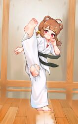  1girl absurdres ahoge animal_ears barefoot bear_ears bear_girl belt black_belt blush bright_pupils brown_hair chinese_commentary cleft_of_venus commentary_request dougi feet full_body high_kick highres indoors kicking kuma-bound loli low_twintails martial_arts_belt original pants pussy red_eyes short_twintails soles solo toes torn_clothes torn_pants twintails white_pants white_pupils 