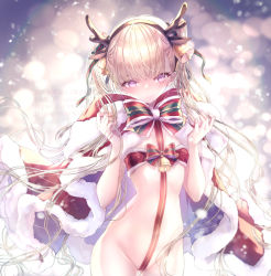 1girl antlers bell black_hairband blonde_hair blush bow christmas cloak closed_mouth commentary_request cowboy_shot fake_antlers fur-trimmed_cloak fur_trim groin hair_bell hair_ornament hairband horns kyara36 loli long_hair looking_at_viewer original purple_eyes red_bow red_cloak red_ribbon reindeer_antlers ribbon solo standing striped striped_bow twintails very_long_hair watermark