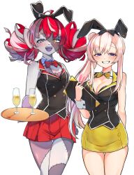  2girls :d absurdres airani_iofifteen alternate_costume animal_ears blush bow bowtie breasts bunny_garden buttons champagne_flute cleavage colored_skin cowboy_shot cup double-breasted double_bun drinking_glass fake_animal_ears gradient_hair grey_hair grey_skin grin hair_bun hair_ornament heterochromia highres holding holding_tray hololive hololive_indonesia hostess kghazir kureiji_ollie long_hair looking_at_viewer medium_breasts multicolored_hair multicolored_skin multiple_girls nontraditional_playboy_bunny open_mouth patchwork_skin pink_hair purple_eyes rabbit_ears red_eyes red_hair side_ponytail simple_background skirt small_breasts smile stitched_face stitches tray vest virtual_youtuber white_background wrist_cuffs yellow_eyes zombie 