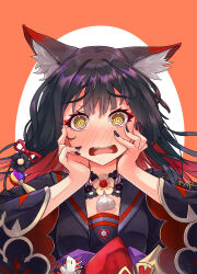 1girl @_@ animal_ear_fluff animal_ears black_hair black_kimono black_nails blue_archive blush colored_inner_hair commentary_request embarrassed fox_ears fox_girl full-face_blush hair_ribbon hands_on_own_cheeks hands_on_own_face highres japanese_clothes kimono long_hair long_sleeves multicolored_hair nail_polish open_mouth red_hair red_ribbon ribbon shibuya_susano solo straight-on two-tone_hair upper_body wakamo_(blue_archive) wide_sleeves yellow_eyes rating:General score:11 user:danbooru