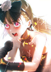  1girl black_bow black_dress black_gloves blush bow bow_hairband braid brown_hair center-flap_bangs collarbone commentary_request crying crying_with_eyes_open dress flower gloves hair_bow hair_flower hair_ornament hairband highres holding holding_microphone kachimachi_kosuzu light_particles link!_like!_love_live! long_hair love_live! microphone pink_eyes rose see-through side_ahoge side_braids simple_background sleeveless sleeveless_dress solo sparkly_spot_(love_live!) straight_hair tears two-handed upper_body virtual_youtuber white_background white_flower white_rose yaa-kun 