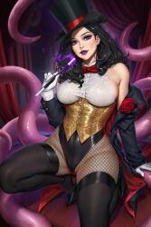  1girl bow bowtie breasts cameltoe corsage corset dc_comics eyeshadow fishnet_pantyhose fishnets gloves gold_corset hat high_heels highleg highleg_leotard highres large_breasts leotard magician makeup medium_breasts neoartcore off_shoulder pantyhose parted_lips purple_lips red_bow red_bowtie solo tailcoat tentacles thighhighs top_hat wand white_gloves zatanna_zatara 