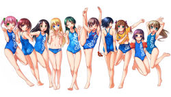 6+girls :d :o :p ;d adjusting_clothes adjusting_swimsuit arm_up armpits arms_up ass bare_legs bare_shoulders barefoot black_hair blonde_hair blue_eyes blue_hair blue_male_swimwear blue_one-piece_swimsuit blue_swim_briefs blush bosshi breasts brown_eyes brown_hair cameltoe cleft_of_venus clenched_hand clothes_pull competition_swimsuit covered_navel covering_privates covering_breasts crab crossdressing feet from_behind goggles goggles_around_neck green_eyes green_hair hair_bobbles hair_ornament hair_ribbon highres hip_focus inflatable_armbands leg_up legs lineup loli long_hair long_image looking_at_viewer looking_back male_swimwear male_swimwear_writing multiple_girls navel one-piece_swimsuit one-piece_swimsuit_pull one_eye_closed open_hands open_mouth original outstretched_arm pink_hair purple_eyes purple_hair red_eyes red_hair ribbon shirt short_hair sidelocks simple_background small_breasts smile soles standing standing_on_one_leg stretching swim_briefs swim_briefs_writing swimsuit swimsuit_writing take_your_pick toes tongue tongue_out topless twintails wallpaper waving white_background wide_image wink yellow_eyes rating:Questionable score:154 user:danbooru